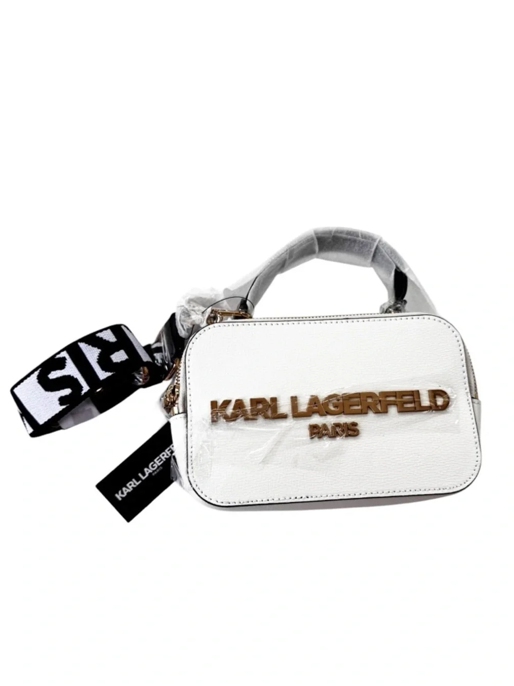 NWT Karl Lagerfeld Paris SIMONE CAMERA Crossbody Bag Logo Strap White with Gold